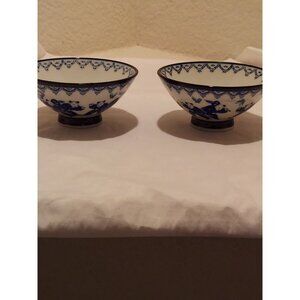 Japanese Rice Bowls Bonsai Boys Cobalt Blue On Bright White 4.75" x 2" Set Of 2